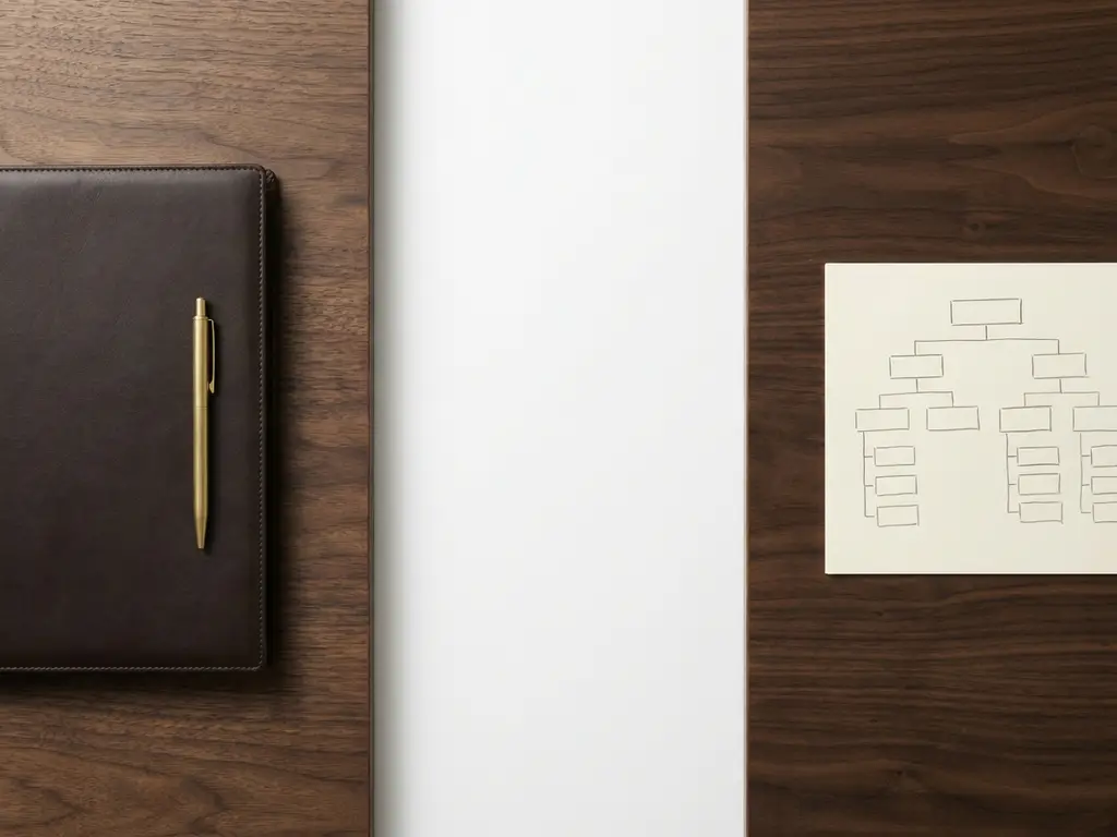 Bovenaanzicht van een houten bureau met een leren portfolio, gouden pen en een potloodschets van een organogram.