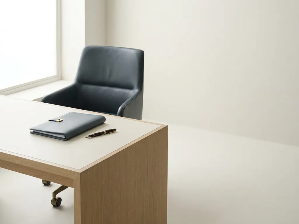 Leren directeursstoel bij een minimalistische eiken bureau met gesloten dossier en vulpen in diffuus natuurlijk licht.