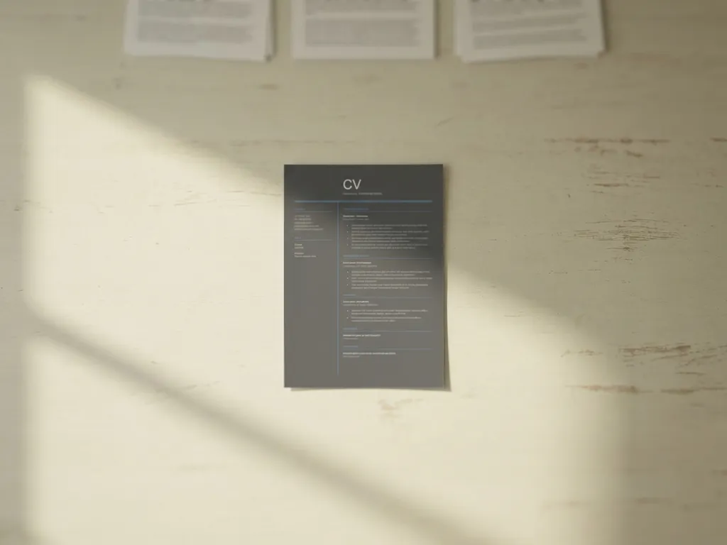 Enkel cv-document op een houten bureau met zachte schaduw en een minimalistische, rustige compositie.
