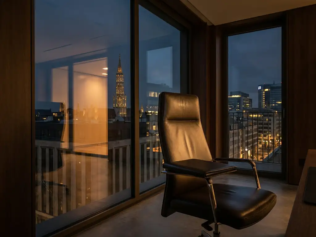 Gepolijste leren directiestoel voor een panoramaraam met het skyline van Brussel in de schemering, leren portfolio op de armleuning.