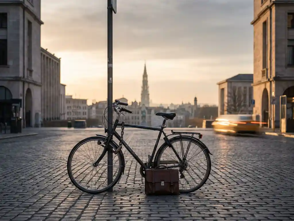 Pendeleursfiets op slot aan een paal in Brussel tijdens het gouden uur, met een aktetas ertegenaan en wazige verkeerslichten op de achtergrond.