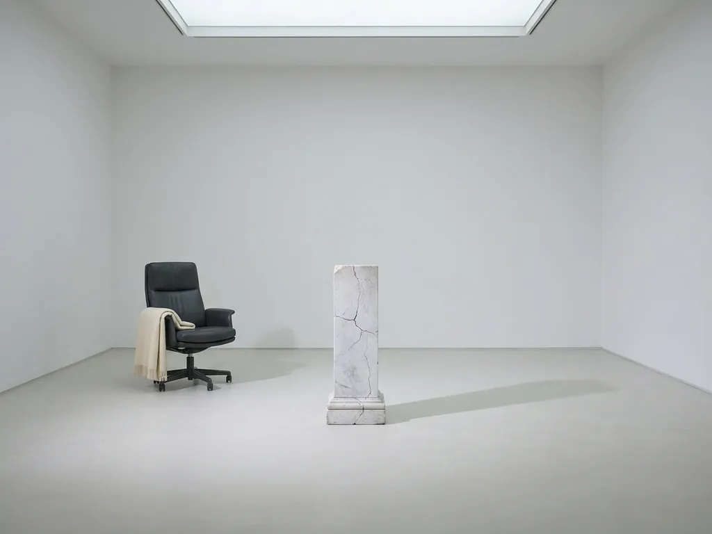 Gebarsten marmeren sokkel naast een lege directiestoel in een minimalistische witte ruimte met lange schaduw op de vloer.