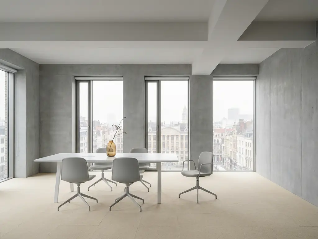 Bijna lege vergaderruimte in Brussel met vijf ergonomische stoelen rond een wit tafel en vloer-tot-plafondvensters.