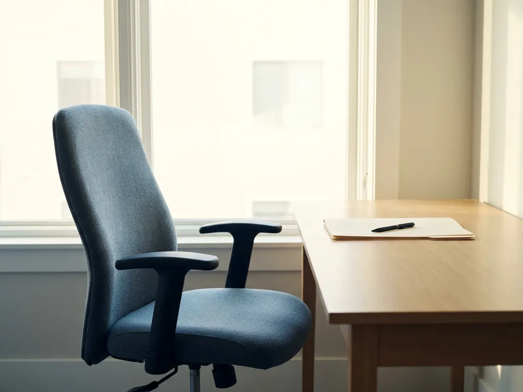 Lege ergonomische bureaustoel bij een verlicht raam met een recruitmentdossier en pen op het bureau.