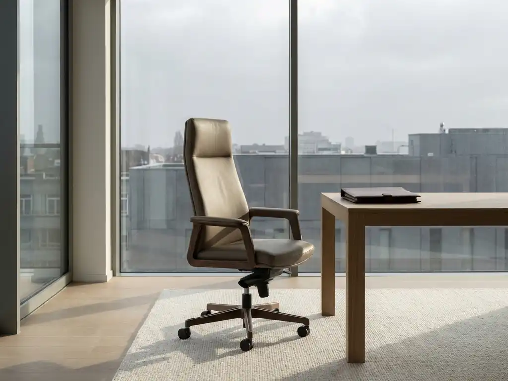 Lege premium bureaustoel voor raam met uitzicht op Belgische stad, minimalistische eiken bureau met gesloten leren portfolio, zacht ochtendlicht.