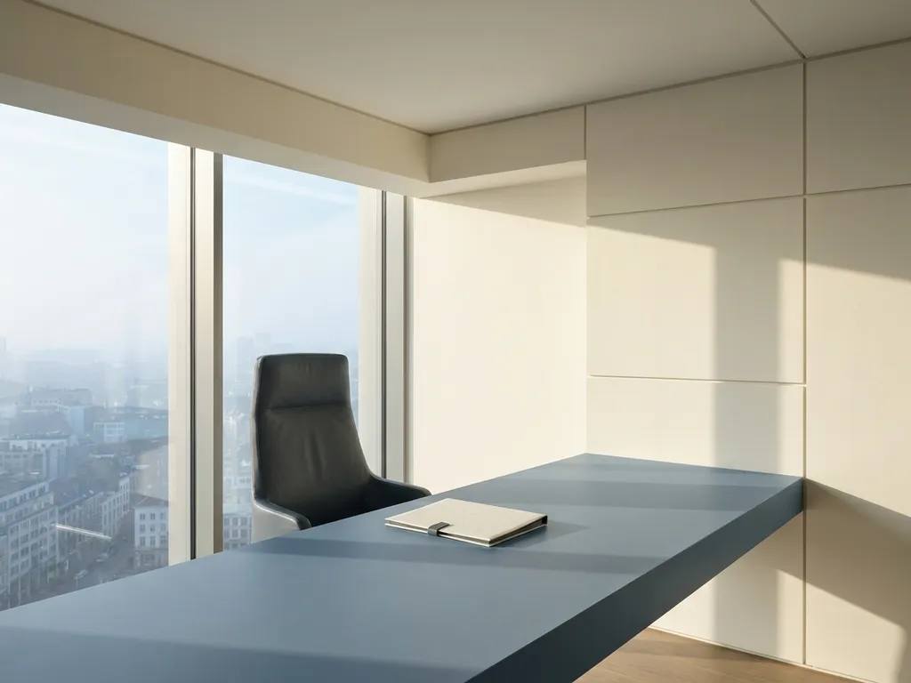Leeg directeursstoeltje voor een groot raam met mistig Brussels stadsgezicht, zachte ochtendstemming en gesloten map op minimalistisch bureau.