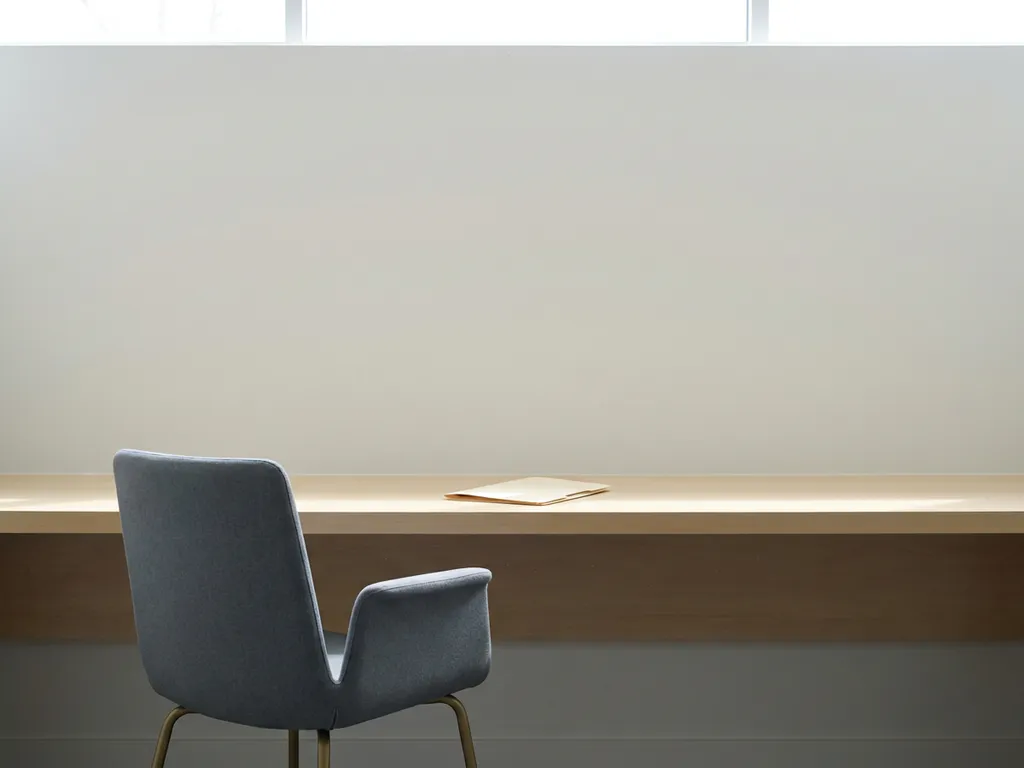 Leeg modern bureaustoel voor minimalistisch bureau met ongeopende manila map, zacht daglicht, warme ivoor- en leisteintinten.
