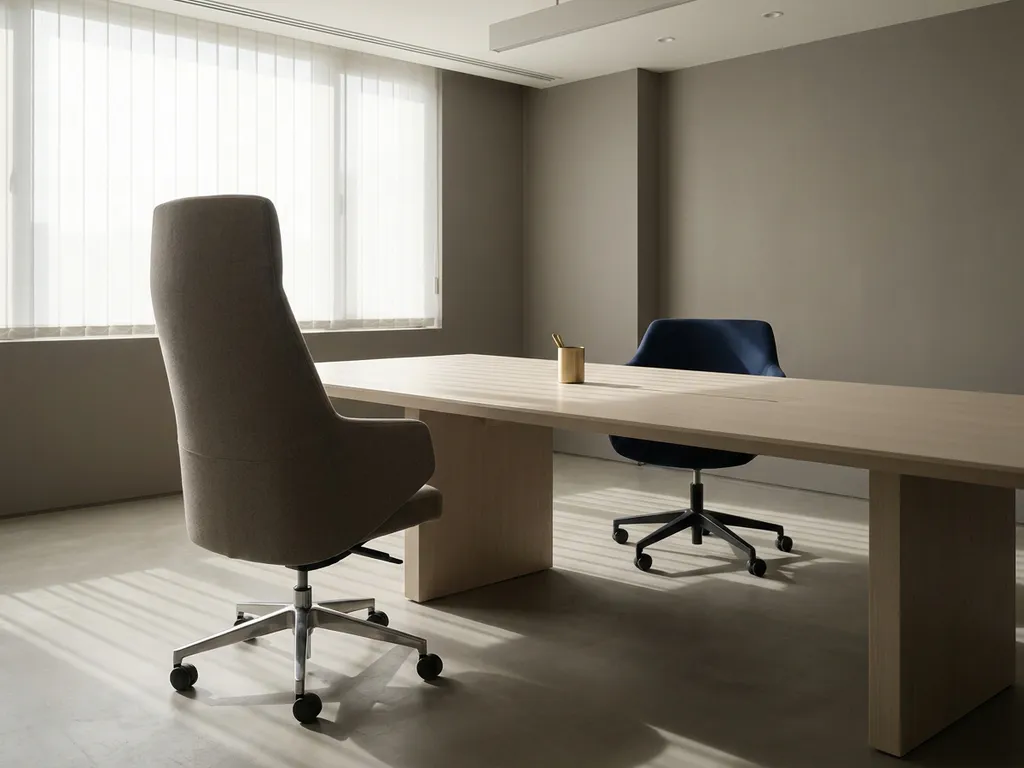 Lege directiestoel aan het hoofd van een minimalistische vergadertafel in gedempte grijze en marineblauw tinten.