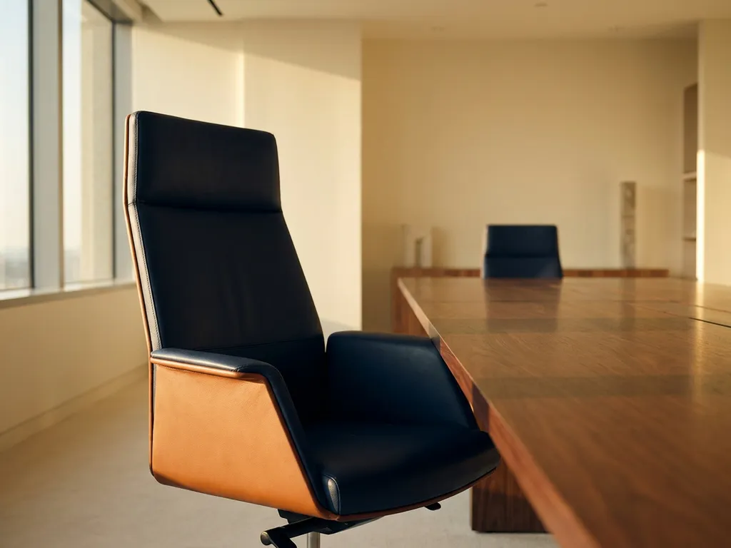 Lege cognackleurige leren directiestoel aan het hoofd van een gepolijste vergadertafel in marineblauw boardroom.