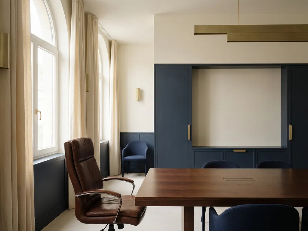 Versleten lederen directiestoel aan het hoofd van een gepolijste vergadertafel in een minimalistische Brusselse boardroom met natuurlijk licht.