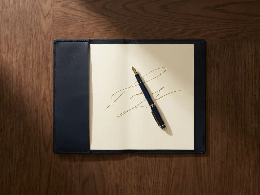Opengeslagen leren executive dossier op donker eiken bureau met vulpen en handgeschreven shortlist, gefotografeerd van bovenaf.