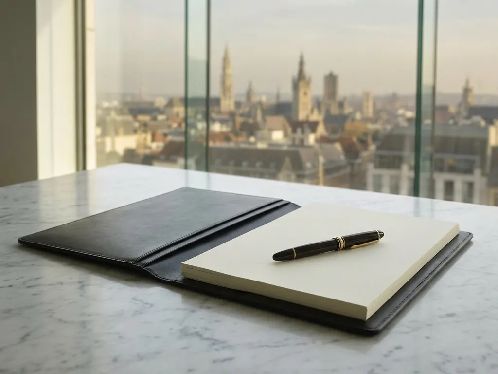 Opengeslagen leren portfolio op marmeren bureau met vulpen, Belgische stadssilhouet zichtbaar door glazen wand op de achtergrond.