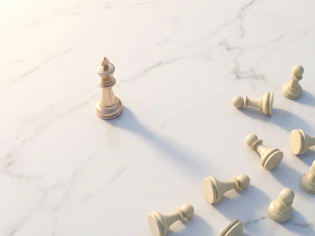 Gouden schaakkoning apart van verspreide pionnen op wit marmer, zachte schaduwen, bovenaanzicht.