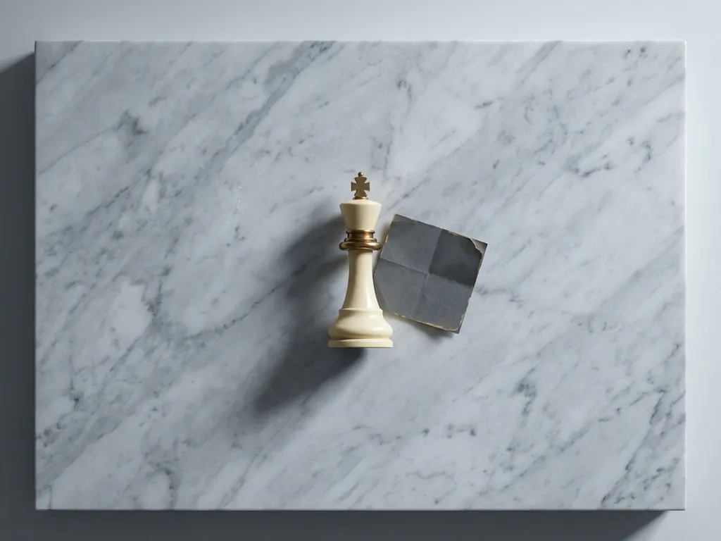 Ivoren schaakkoning op marmeren ondergrond naast een gevouwen briefje, minimalistisch bovenaanzicht met zachte schaduwen en messing accent.