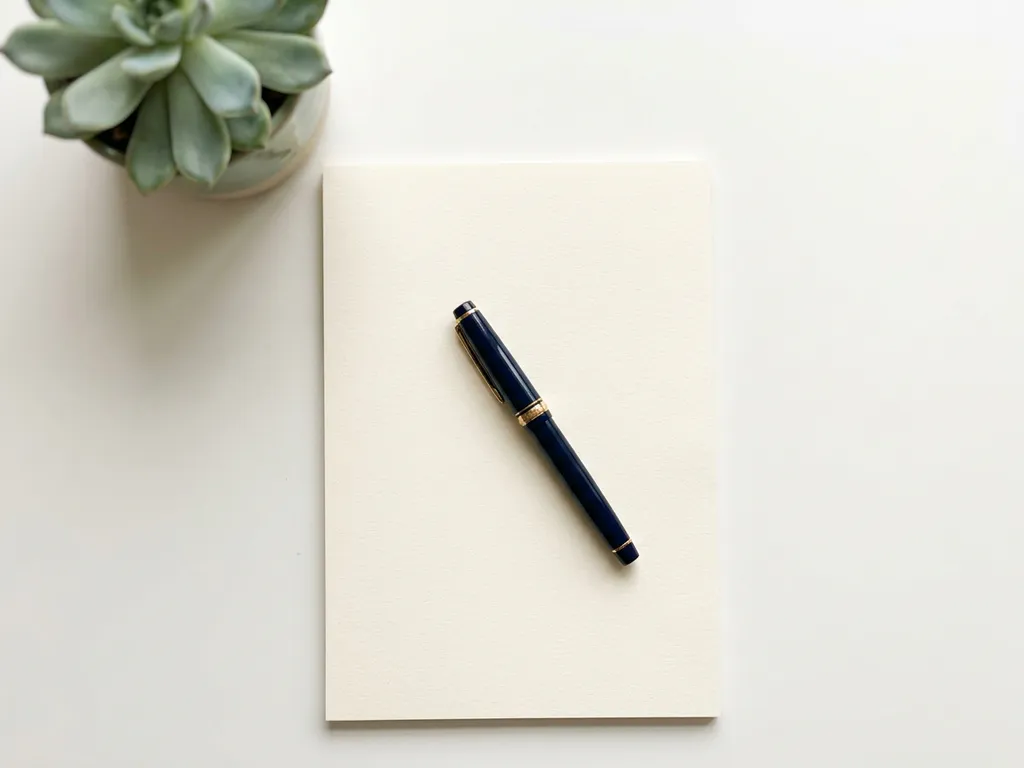 Crèmekleurig vel papier op wit bureau met vulpen diagonaal geplaatst en kleine groene plant op de achtergrond.