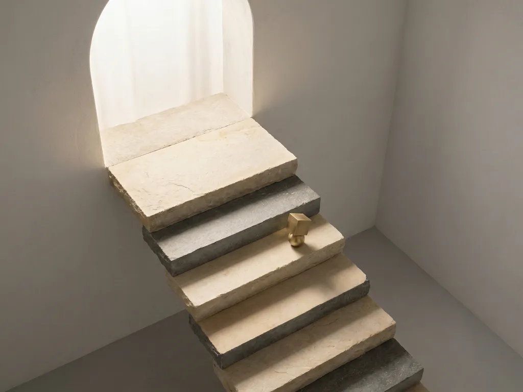 Vijf stenen treden in ivoor en leisteen tonen, oplopend naar zacht natuurlijk licht, met een geometrisch accent op de derde trede.