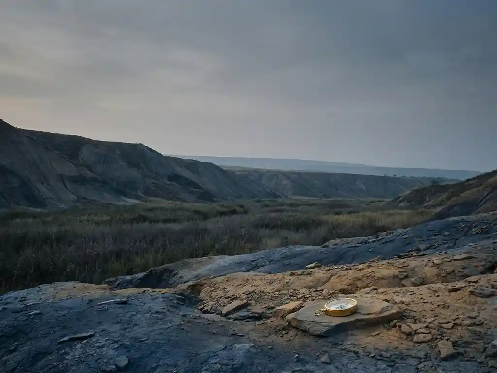 Kompas op rotsachtige grond met uitgestrekt landschap van velden en hellingen in leisteenblauw en zandtinten.