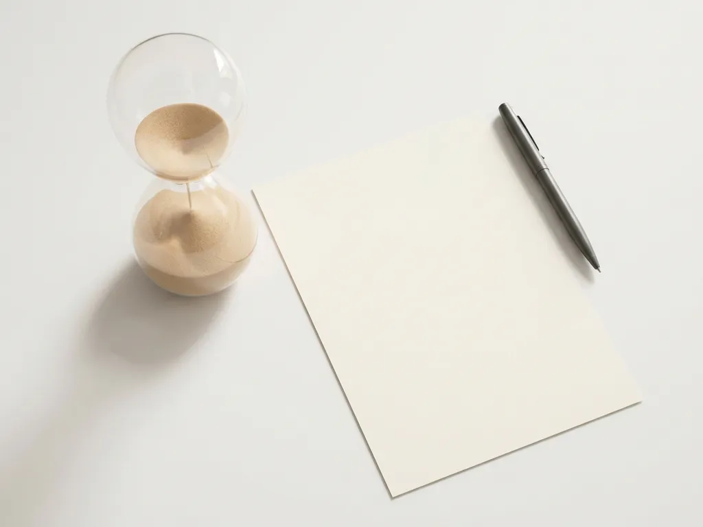 Zandloper met bijna leeg zand naast een ongetekend contract en pen op wit bureau, symboliseert een deadline.