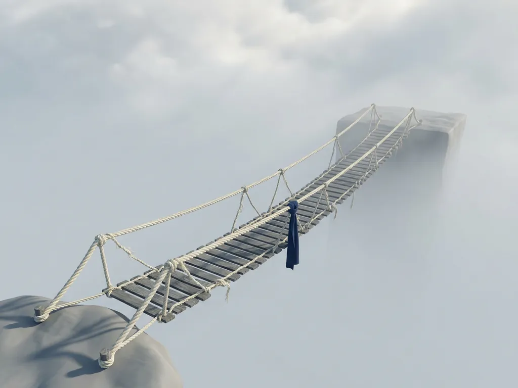 Versleten touwbrug boven mistige kloof, één uiteinde verankerd aan rotsrichel, het andere reikend naar een ver platform, minimalistische compositie in leisteen en ivoor.