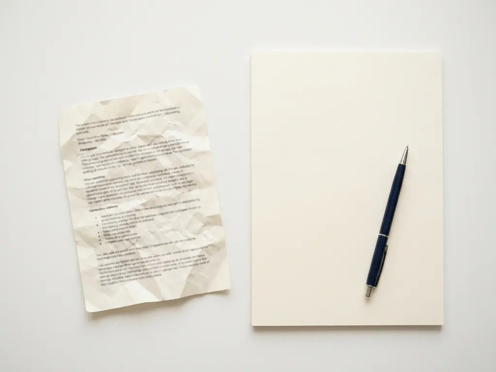 Verfrommeld sollicitatieformulier naast een leeg vel papier met een elegante pen op een minimalistisch wit bureau.