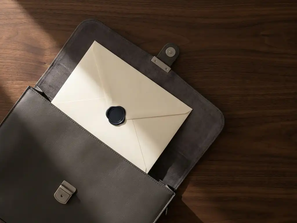 Verzegelde envelop met lakzegel in een halfopen leren aktetas op een donker walnoten bureau, bovenaanzicht.