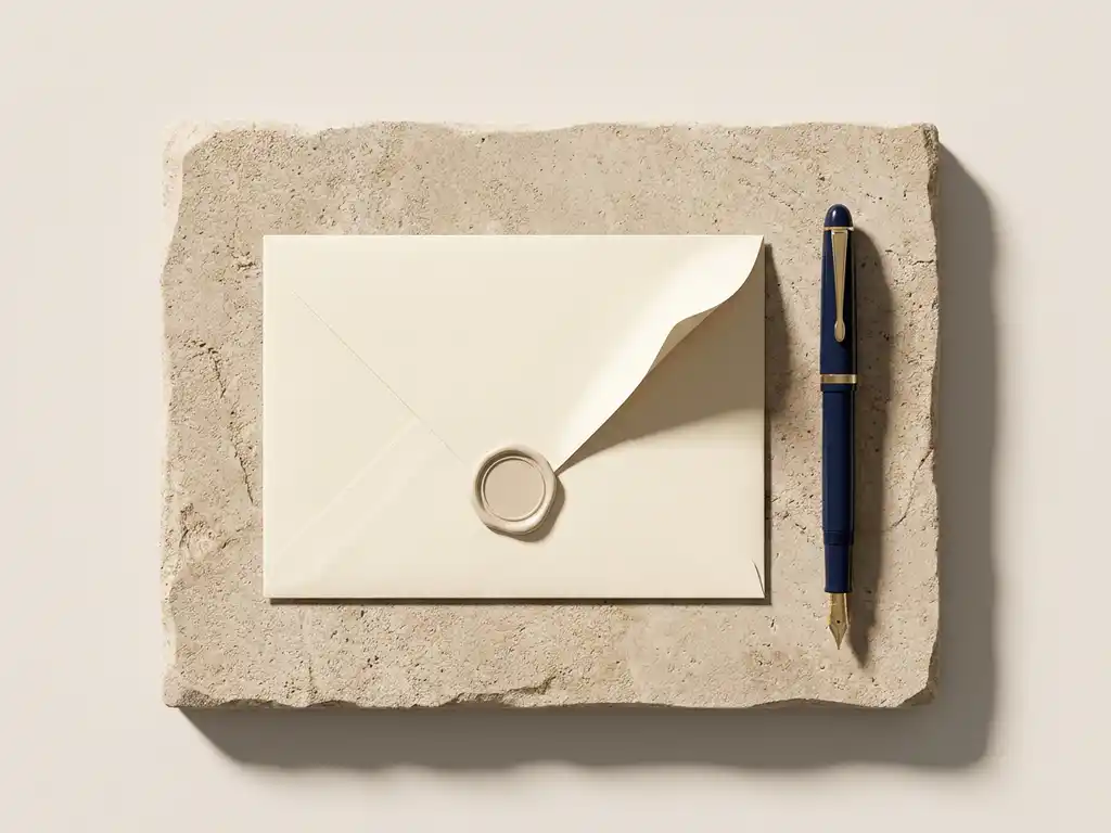 Verzegelde envelop met opgelichte hoek op stenen ondergrond, naast een vulpen, in ivoor- en marineblauw tinten.