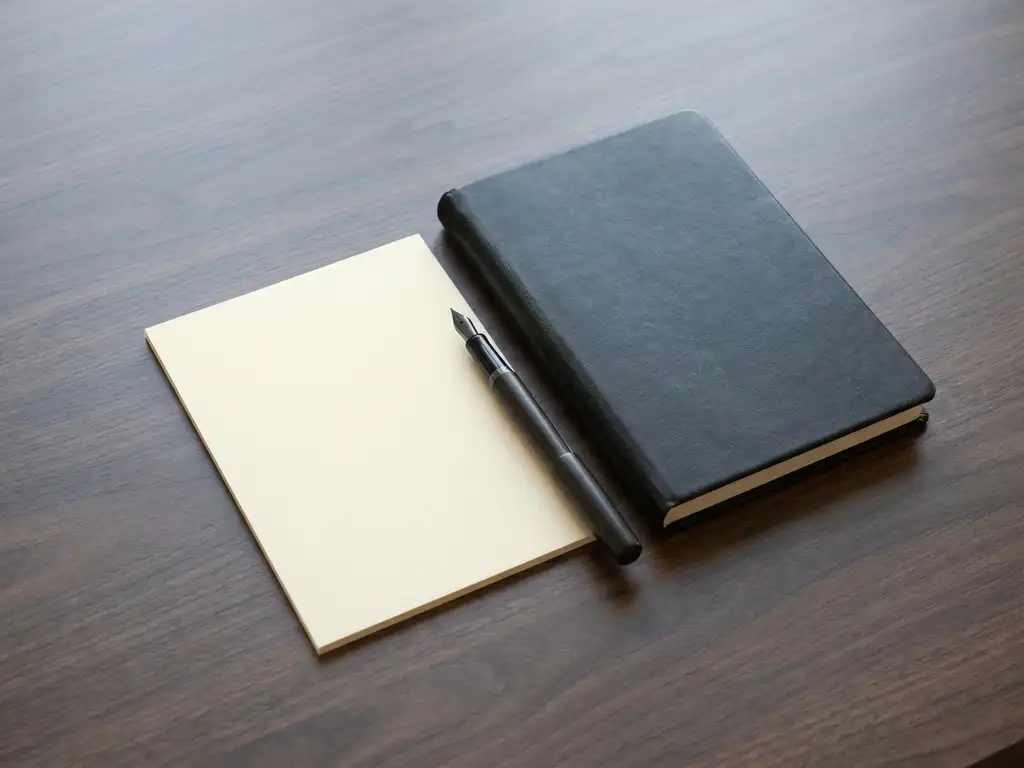 Houten bureau met visitekaartje, gesloten leren notitieboek en ongedopte vulpen in minimale flat-lay compositie.
