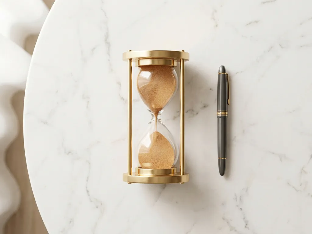 Gouden zandloper met zand in beweging op wit marmeren bureau, elegante pen ernaast, bovenaanzicht.
