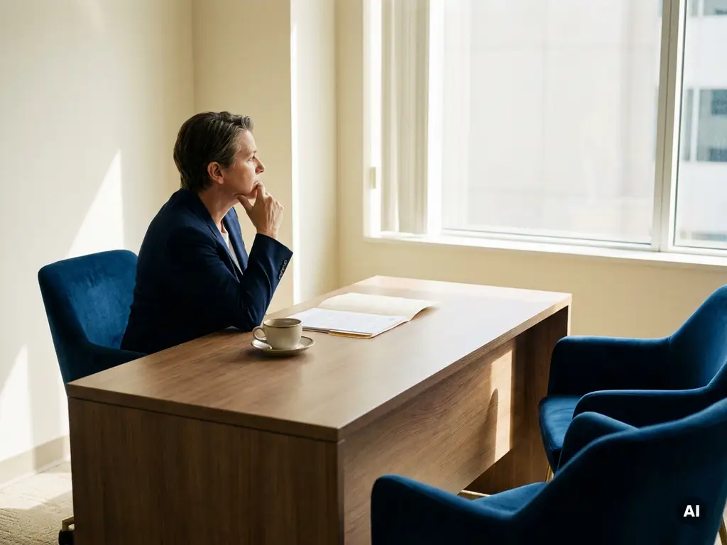 Hiring manager denkt na aan bureau met kandidatenmap en lege stoel tegenover hem, zacht natuurlijk licht.
