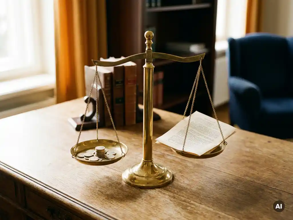 Messing balansweegschaal op eikenhouten bureau met euromuntjes tegenover een functiebeschrijving, symboliseert salarisonderhandeling.