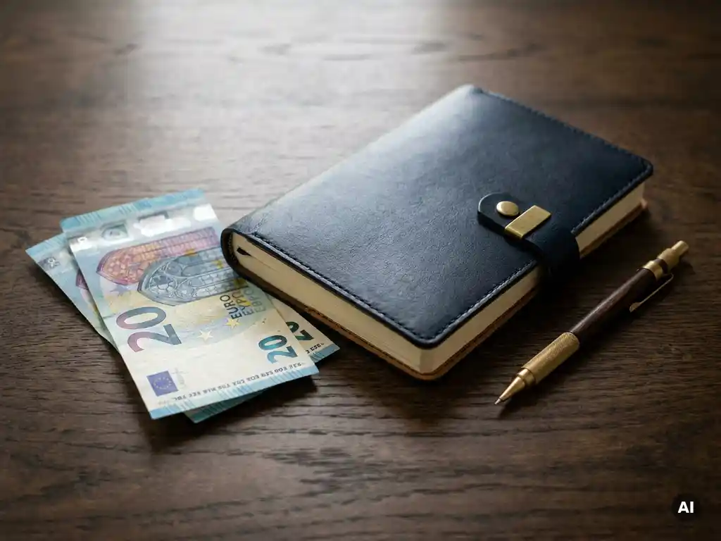 Belgische eurobiljetten uitgewaaierd naast een leren notitieboek en mechanisch potlood op donker eiken bureau in zacht ochtendlicht.