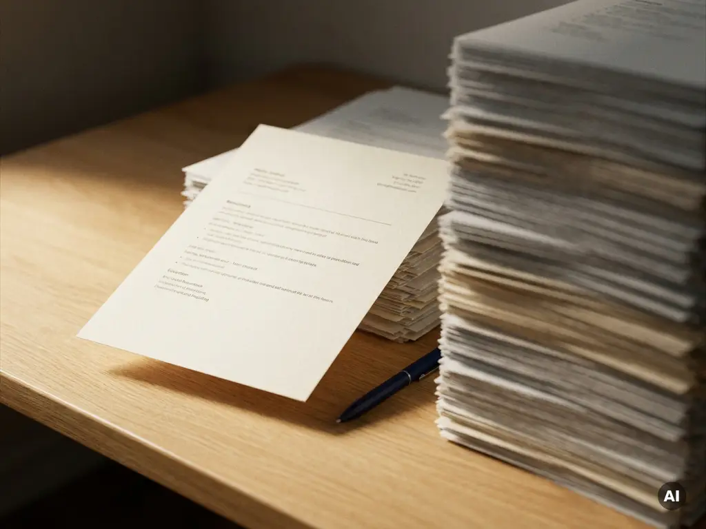 Eén cv uitgelicht boven een stapel sollicitatiebrieven op een bureau, zachte schaduw en ondiepe scherptediepte.