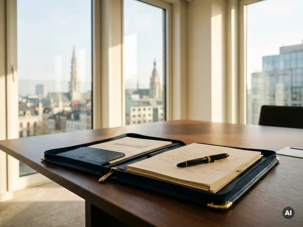 Open leren portfolio met vulpen en documenten op vergadertafel, Brusselse skyline zichtbaar door panoramaramen op de achtergrond.