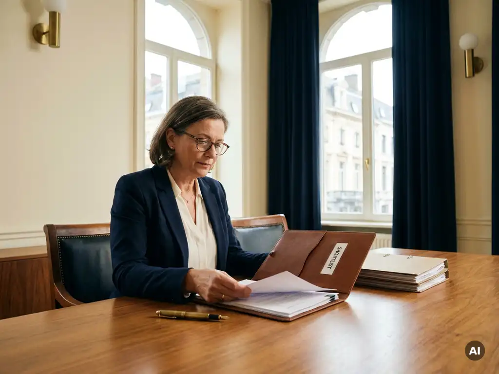 HR-professional bekijkt kandidatendossiers aan een houten bureau met vulpen, zacht natuurlijk licht in een Brussels kantoor.