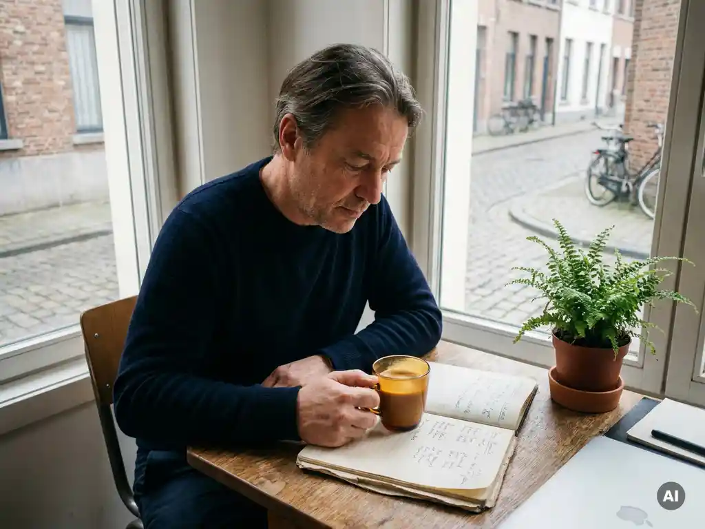 Belgische ondernemer bestudeert handgeschreven kandidatenlijst aan houten bureau, met koffie en kamerplant in zacht ochtendlicht.