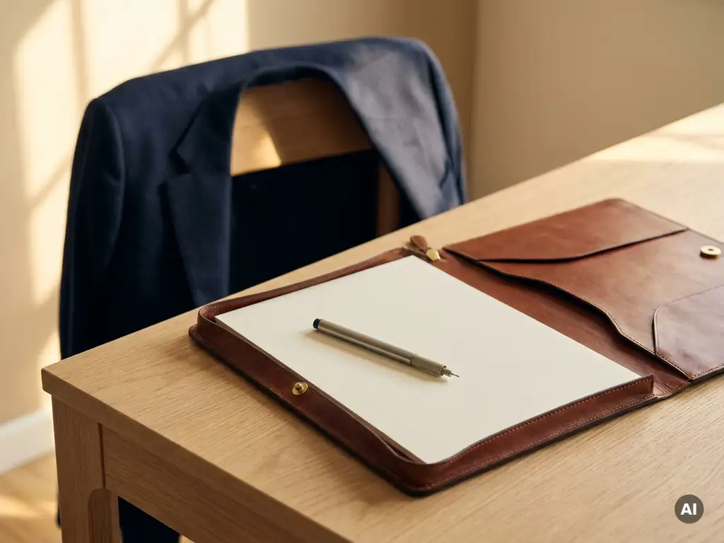 Open lederen portfolio op een eiken bureau met fijn pennetje, marineblauw jasje op de stoel, warm middaglicht.