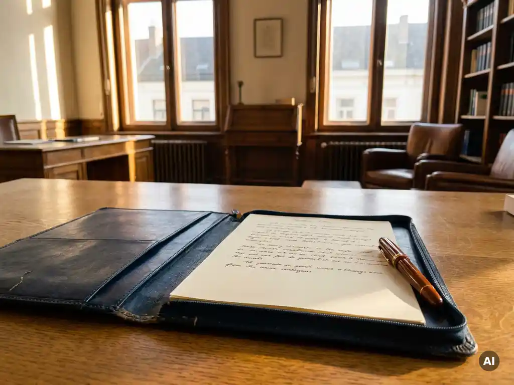 Open leren portfolio op gepolijst eiken bureau met handgeschreven kandidatennotities en vulpen, warm Brusselse kantoorlicht.