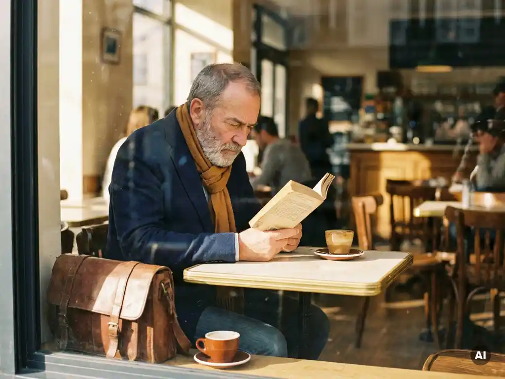 Professional leest geconcentreerd een boek in zonnig café, met espresso en leren tas op marmeren tafel, warm middaglicht.