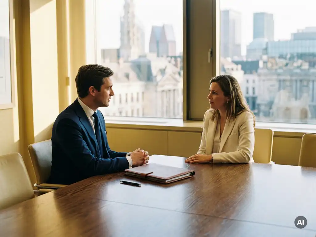 Professional in donker pak tijdens sollicitatiegesprek aan eikenhouten tafel in Brussels kantoor met stadsgezicht op achtergrond.