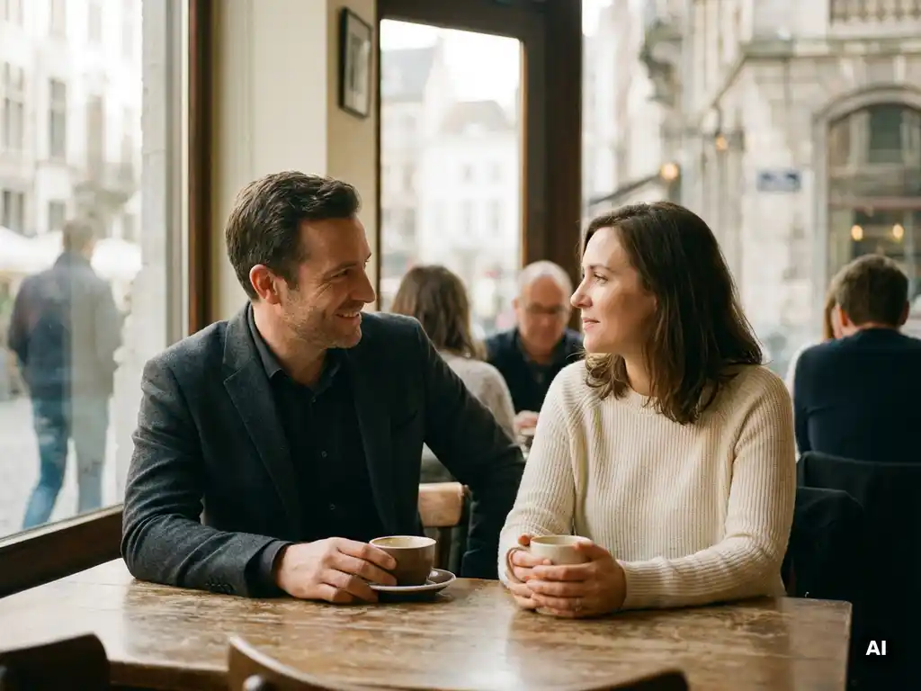 Twee professionals in gesprek onder het genot van koffie aan een houten cafétafel in Brussel, warme sfeer en natuurlijk zijlicht.
