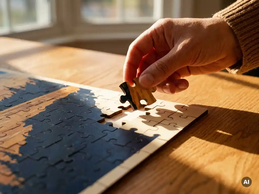 Hand plaatst laatste puzzelstukje in bijna voltooid puzzel op eikenhouten bureau, warme natuurlijke belichting.