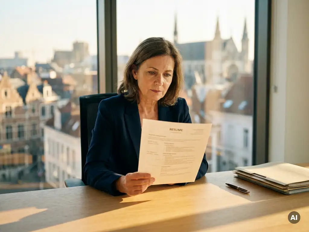 Recruiter bestudeert kandidatenprofiel aan eikenhouten bureau in Brussel, met pen en shortlist in warm middaglicht.