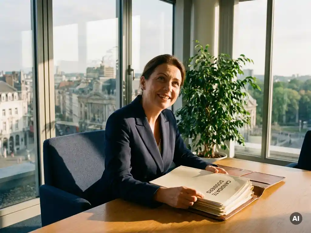 Recruiter bekijkt kandidatendossiers aan een eikenhouten bureau met Brussels skyline en groen kantoorplant op achtergrond.
