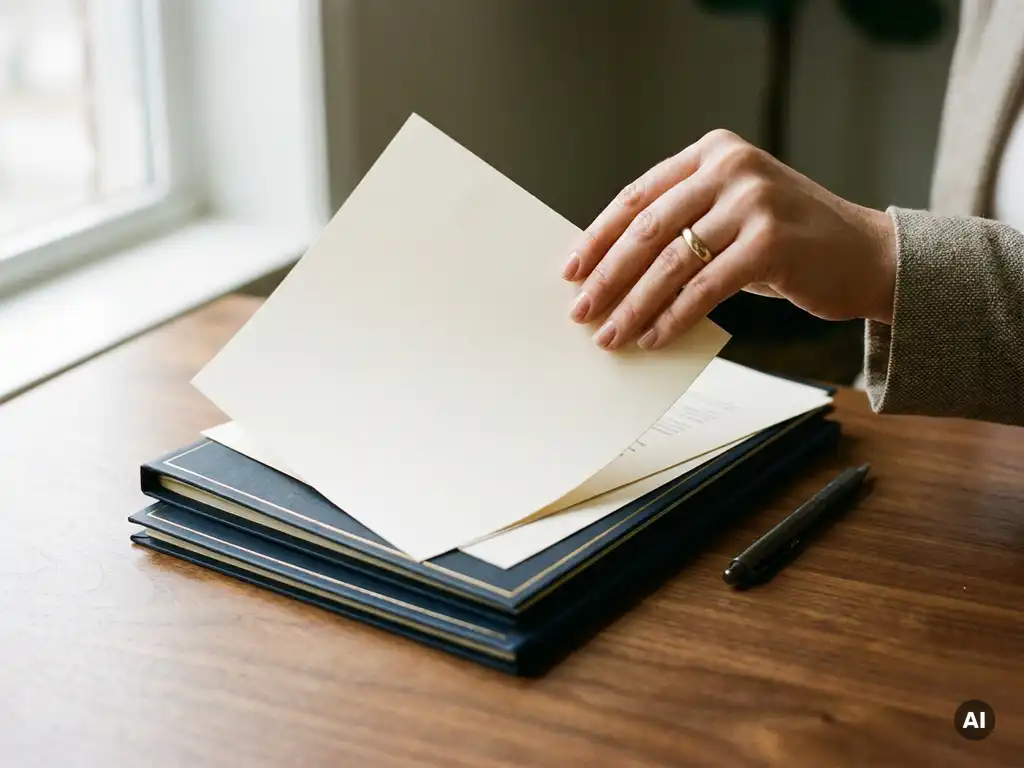 Recruiter selecteert een cv uit een kleine stapel mappen op een walnoten bureau, met een pen en zacht natuurlijk licht.