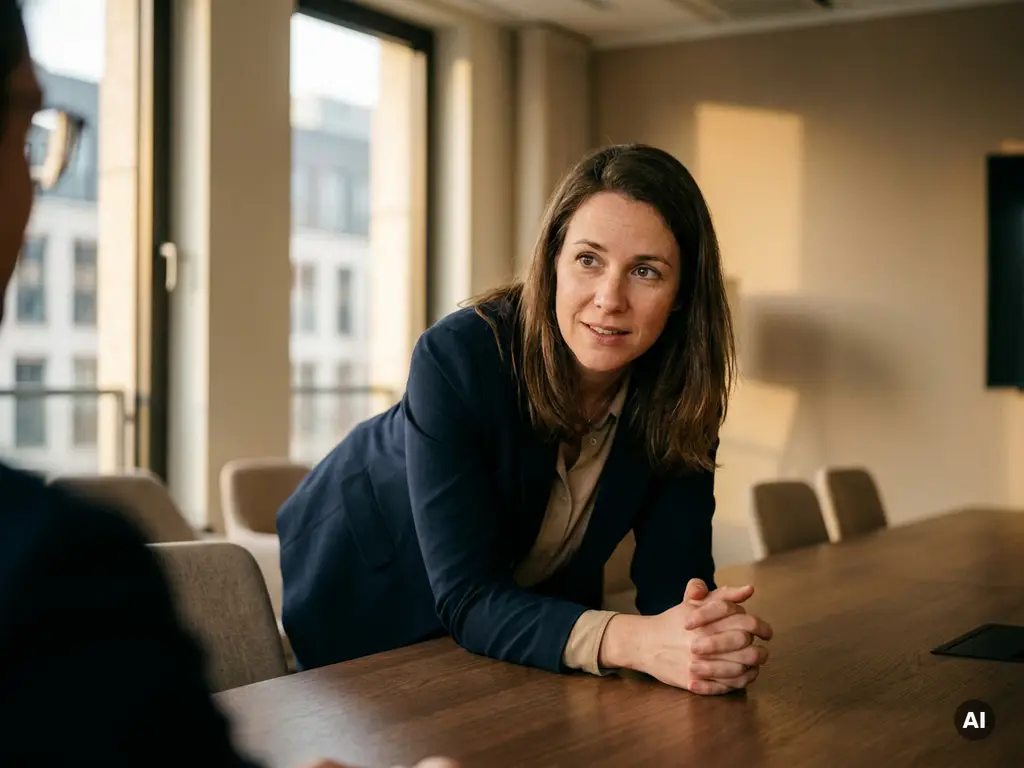 Recruitmentconsultant leunt vertrouwensvol over een gepolijste eiken vergadertafel in een modern Brusselse kantooromgeving.
