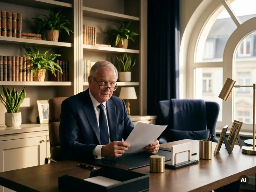 Ervaren professional in maatpak bestudeert documenten aan eikenhouten bureau, met boekenkast en groen op de achtergrond, Brussel.