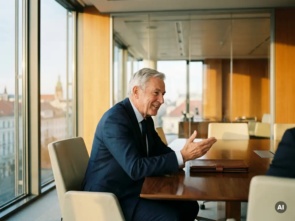 Ervaren salesmanager in maatpak aan vergadertafel in Brussels kantoor, voorovergebogen in gesprek, warm middaglicht door raamwand.