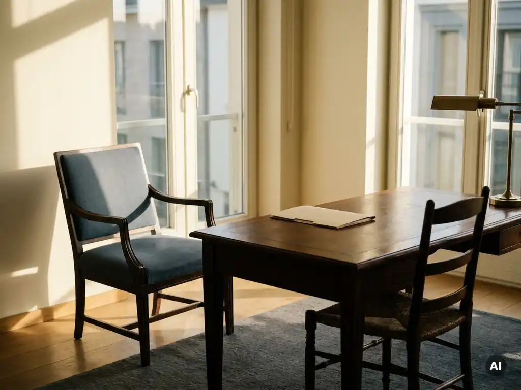 Lege interviewstoel tegenover een bureau in een Belgisch kantoor, met een ongeopende manila map en zacht middaglicht.