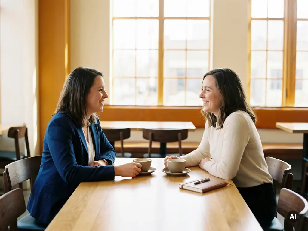 Twee professionals in gesprek onder het genot van koffie in een modern café, warm daglicht, notitieboek op tafel.