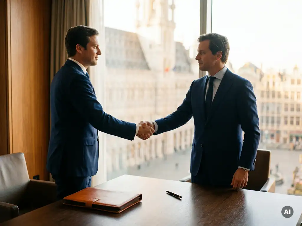 Twee professionals schudden handen aan een vergadertafel in Brussel, met een leren portfolio en pen, zachte stadsgezicht op de achtergrond.